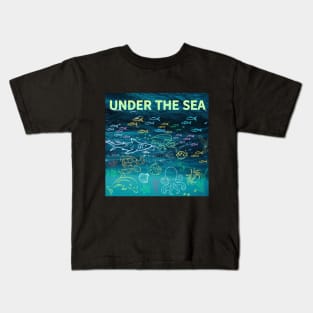 under the sea,blue sea,sea creatures,Turtle, puffer fish, starfish, shrimp, shark, tropical fish, sea horse, seaweed, sardines, squid, crabs, clams Kids T-Shirt